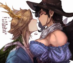 Rule 34 | 2girls, antlers, bare shoulders, black hair, blonde hair, breasts, commentary, cowboy shot, dragon horns, english commentary, english text, eye contact, face-to-face, from side, half-closed eyes, height difference, highres, horns, kicchou yachie, kurokoma saki, large breasts, long hair, looking at another, low ponytail, multiple girls, off-shoulder shirt, off shoulder, open mouth, outline, pegasus wings, profile, puffy short sleeves, puffy sleeves, red eyes, shirt, short sleeves, sideburns, sleep (isliping), thick eyebrows, toned, touhou, turtle shell, white outline, yuri