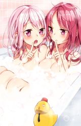 Rule 34 | 2girls, :&lt;, ahoge, bath, bathing, bathtub, black necktie, blush, breasts, closed mouth, collarbone, commentary, eye contact, finger to mouth, foam, hand up, hat, highres, index finger raised, indoors, koi pink-chan, koi pink (sakuragi ren), large breasts, legs together, long hair, looking at another, multiple girls, necktie, nude, open mouth, original, parted bangs, pink eyes, pink hair, red hair, red hat, rubber duck, sakuragi ren, same-sex bathing, shared bathing, shushing, side-by-side, sitting, steam, teeth, usui pink-chan, usui pink (sakuragi ren), wavy hair