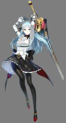 Rule 34 | 1girl, absurdres, arms up, black gloves, black pantyhose, blue eyes, blue hair, closers, dress, full body, furrowed brow, gloves, hairband, highres, holding, holding sword, holding weapon, huge weapon, long hair, long sleeves, looking at viewer, official art, pantyhose, serious, solo, sword, violet (closers), weapon
