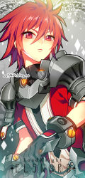 Rule 34 | armor, blouse, character name, copyright name, elsword, elsword (character), hair between eyes, hilt, holding, holding sword, holding weapon, lord knight (elsword), male focus, pika (kai9464), red eyes, red hair, red shirt, shirt, shoulder armor, solo, sword, tagme, weapon
