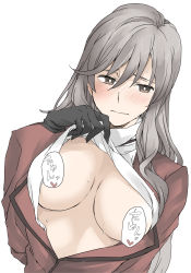 Rule 34 | 1girl, blush, breasts, censored, censored by text, censored nipples, clothes lift, convenient censoring, elf (stroll in the woods), girls und panzer, grey eyes, grey hair, highres, large breasts, lifted by self, no bra, shimada chiyo, shirt lift, solo