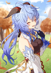 Rule 34 | 1girl, ahoge, autumn leaves, bare shoulders, bell, black gloves, blue hair, blush, breasts, closed eyes, detached sleeves, ganyu (genshin impact), genshin impact, gloves, gold trim, highres, horns, long hair, looking at viewer, low ponytail, medium breasts, nage (sacosui ng), neck bell, open mouth, outdoors, sidelocks, smile, solo, tree, upper body, white sleeves