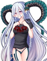Rule 34 | 1girl, :o, alternate costume, atono114, bikini, bikini bottom only, blue hair, blush, braid, breasts, fate/grand order, fate (series), head tilt, horns, large breasts, long hair, looking at viewer, parted lips, pointy ears, purple eyes, shirt, solo, standing, swimsuit, symbol-shaped pupils, t-shirt, tiamat (fate), translation request, twin braids, very long hair