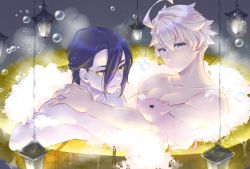 Rule 34 | 2boys, ahoge, aladdin (sinoalice), bad id, bad twitter id, bathing, blonde hair, blue eyes, blue hair, bubble, closed mouth, glasses, hair down, hameln (sinoalice), happy, highres, hot tub, lamp, looking at animal, male focus, multiple boys, open mouth, pig, red eyes, short hair, sinoalice, skky3, washing another, water, wet, yaoi