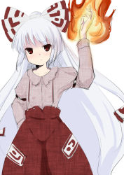 Rule 34 | 1girl, bow, coo (coonekocoo), female focus, fire, fujiwara no mokou, hair bow, hand in pocket, long hair, pants, red eyes, simple background, solo, suspenders, touhou, very long hair, white hair