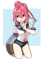 Rule 34 | 1girl, blue one-piece swimsuit, blue sailor collar, collarbone, commentary request, contrapposto, cropped legs, hair ribbon, i-168 (kancolle), kantai collection, lifebuoy, long hair, looking at viewer, necktie, one-piece swimsuit, ponytail, red eyes, red hair, red necktie, ribbon, sagamiso, sailor collar, sailor shirt, school swimsuit, school uniform, serafuku, shirt, solo, swim ring, swimsuit, two-tone background