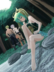 Rule 34 | 1girl, 2boys, abs, absurdres, achilles (fate), animal ears, atalanta (fate), bare legs, barefoot, cat ears, fate/apocrypha, fate (series), flat chest, forest, green eyes, green hair, green skirt, highres, karna (fate), long hair, mukade (siieregannsu), multiple boys, multiple girls, nature, outdoors, pleated skirt, skirt, strapless