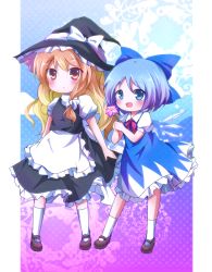 Rule 34 | 2girls, :&lt;, apron, blonde hair, blue eyes, blue hair, blush, bow, cirno, dress, flower, gradient background, hair bow, hat, hat ribbon, high collar, ice, ice wings, kirisame marisa, kneehighs, long hair, looking at viewer, mary janes, multiple girls, open mouth, puffy short sleeves, puffy sleeves, ribbon, shoes, short hair, short sleeves, skirt, skirt set, socks, takojiru, touhou, waist apron, wings, witch hat, yellow eyes