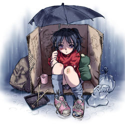 Rule 34 | 1girl, backpack, bag, bandaid, bandaid on knee, bandaid on leg, black hair, black socks, blush, box, cardboard box, child, child&#039;s drawing, chopsticks, cross-laced footwear, cup, dirty, dirty clothes, frown, full body, holding, holding umbrella, homeless, knees up, looking at viewer, messy hair, miniskirt, mug, on ground, panties, pantyshot, pillow, pizza man, plastic bag, poverty, purple eyes, rain, randoseru, red sweater, sad, shoes, short hair, sitting, skirt, sneakers, socks, solo, source request, sweater, tally, toes, torn clothes, torn sweater, umbrella, underwear, unworn backpack, unworn bag, upskirt, white panties