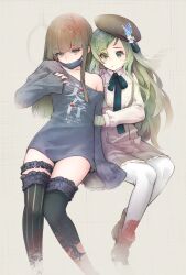 Rule 34 | 2boys, bandaged hand, bandages, black thighhighs, blue mask, blunt bangs, bridal garter, brown hair, closed mouth, clothes writing, green eyes, green hair, gretel (sinoalice), hat, long hair, looking at viewer, male focus, mask, mask pull, mouth mask, multiple boys, off shoulder, pantyhose, parted lips, pinocchio (sinoalice), simple background, sinoalice, sitting, sleeves past wrists, thighhighs, tomamatto, trap, white pantyhose
