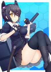 Rule 34 | 10s, 1girl, ass, black hair, black thighhighs, breasts, cardigan, eyepatch, fingerless gloves, gloves, highres, honeycomb (pattern), honeycomb background, honeycomb pattern, kantai collection, large breasts, looking at viewer, partially fingerless gloves, short hair, skirt, solo, suteba (grzjkbhgf), tenryuu (kancolle), thighhighs, thighs, upskirt, wavy mouth, yellow eyes