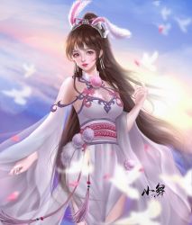 Rule 34 | 1girl, absurdres, animal ears, artist request, bird, blush, brown hair, detached sleeves, douluo dalu, dress, earrings, hair tie, highres, jewelry, long hair, looking to the side, parted lips, pom pom (clothes), ponytail, rabbit ears, sash, second-party source, sky, solo, upper body, white dress, xiao wu (douluo dalu)