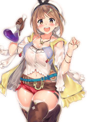Rule 34 | 1girl, atelier (series), atelier ryza, atelier ryza 1, bare shoulders, belt, beret, blue belt, blush, breasts, brown belt, brown eyes, brown hair, camisole, cleavage, drawstring, flask, gloves, hair ornament, hairclip, hat, highres, jacket, jewelry, kawai (purplrpouni), large breasts, leather, leather belt, leather gloves, looking at viewer, navel, necklace, open mouth, red shorts, reisalin stout, round-bottom flask, short hair, short shorts, shorts, simple background, sleeveless, sleeveless jacket, smile, solo, star (symbol), star necklace, thighs, white background, white camisole, white hat, yellow jacket
