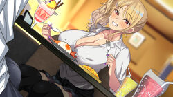 Rule 34 | 1girl, blonde hair, blurry, blurry background, blush, breasts, bulge, cleavage, clenched teeth, dessert, dutch angle, eating, ecchi na gal ni sasowarete, erection, erection under clothes, food, fork, from below, gyaru, hayashi cherry, highres, holding, indoors, large breasts, legs, light blush, long hair, nail polish, original, red eyes, school uniform, side ponytail, sitting, skirt, smile, spoon, table, teeth, thighs