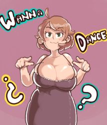 Rule 34 | 1girl, :3, ?, ahoge, bare arms, bare shoulders, barefoot, blush stickers, breasts, brown eyes, bursting breasts, cleavage, cowboy shot, dress, english text, facing viewer, grey background, huge breasts, inkerton-kun, looking at viewer, mama-chan (inkerton-kun), mature female, no bra, original, pink background, plump, pointing, pointing at viewer, raised eyebrows, short hair, skin tight, sleeveless, sleeveless dress, solo, standing, wavy mouth