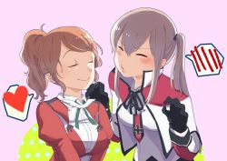 Rule 34 | 10s, 2girls, anchor choker, aquila (kancolle), bad id, bad twitter id, blonde hair, blush, brown hair, capelet, closed eyes, comic, commentary request, cropped, gloves, gradient background, graf zeppelin (kancolle), hair ornament, hairclip, hands up, heart, jacket, juliet sleeves, kantai collection, leaning in, long hair, long sleeves, military, military uniform, multiple girls, neck ribbon, necktie, pink background, ponytail, puffy sleeves, pursed lips, ribbon, sidelocks, smile, spoken blush, spoken heart, sweatdrop, tachikoma (mousou teikoku), twintails, uniform, v arms, yuri