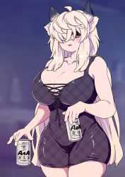 Rule 34 | 1girl, above, alcohol, alternate costume, animal ears, bare shoulders, beer, beer can, blonde hair, blush, breasts, brown eyes, can, cleavage, collarbone, covered navel, dress shirt, drink can, female focus, hair between eyes, highres, hip focus, horns, kemono friends, large breasts, long hair, looking at viewer, mamiyama, midriff, open mouth, outdoors, shirt, smile, solo, standing, thick thighs, thighs, upper body, wide hips, yak (kemono friends)