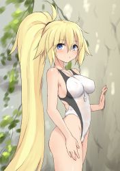 Rule 34 | 1girl, absurdres, armpits, bare arms, bare shoulders, blonde hair, blue eyes, blush, breasts, breasts apart, collarbone, commentary request, competition swimsuit, covered erect nipples, cowboy shot, fate/grand order, fate (series), fingernails, from side, hair between eyes, hand on own thigh, high ponytail, highleg, highleg swimsuit, highres, jeanne d&#039;arc (fate), jeanne d&#039;arc (ruler) (fate), jeanne d&#039;arc (swimsuit archer) (fate), jeanne d&#039;arc (swimsuit archer) (second ascension) (fate), long hair, medium breasts, one-piece swimsuit, parted lips, ponytail, see-through, skin tight, solo, standing, swimsuit, very long hair, whistle, whistle around neck, white one-piece swimsuit, yakihebi