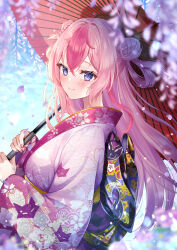 Rule 34 | 1girl, animal print, blue background, blue eyes, blurry, blurry background, blurry foreground, blush, cat print, character request, commentary, copyright request, crossed bangs, double bun, from side, hair bun, highres, holding, holding umbrella, japanese clothes, kimono, long hair, looking at viewer, obi, oil-paper umbrella, outdoors, pink hair, pink kimono, print kimono, sash, sidelocks, smile, solo, standing, symbol-only commentary, tree, umbrella, upper body, virtual youtuber, yugirlpict