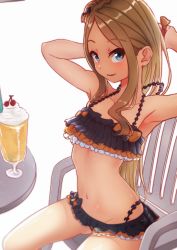 Rule 34 | 1girl, abigail williams (emerald float) (fate), abigail williams (fate), absurdres, armpits, bare shoulders, bikini, black bikini, black bow, blonde hair, blue eyes, blush, bow, breasts, chair, collarbone, emerald float, fate/grand order, fate (series), food, forehead, frilled bikini, frills, hair bow, hair bun, hands up, highres, ice cream, ice cream float, karu (ricardo 2628), long hair, looking at viewer, miniskirt, multiple hair bows, navel, official alternate costume, open mouth, orange bow, parted bangs, polka dot, polka dot bow, simple background, single hair bun, sitting, skirt, small breasts, smile, solo, swimsuit, thighs, tying hair, white background