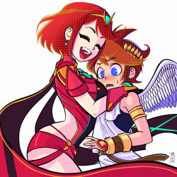 Rule 34 | 1boy, 1girl, black gloves, blush, bob cut, breast press, breasts, chest jewel, earrings, face to breasts, fingerless gloves, gloves, grin, highres, hug, jaliet exe, jewelry, kid icarus, large breasts, laughing, nintendo, pit (kid icarus), pyra (xenoblade), red hair, red shorts, red thighhighs, short hair, short shorts, shorts, smile, super smash bros., swept bangs, thighhighs, tiara, wings, xenoblade chronicles (series), xenoblade chronicles 2