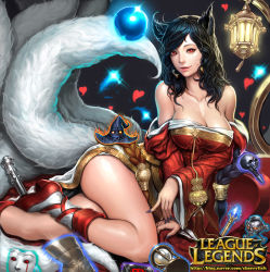 Rule 34 | 1girl, ahri (league of legends), animal ears, black hair, boots, breasts, cherrylich, cleavage, detached sleeves, dress, fingernails, fox ears, fox tail, gem, glowing, gold, hat, heart, jewelry, lantern, large breasts, league of legends, legs, long hair, low neckline, multiple tails, orb, red dress, red eyes, red lips, sitting, skull, smile, solo, strapless, strapless dress, tail, thighs, wavy hair, witch hat