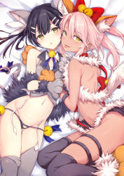 Rule 34 | 2girls, :p, animal ears, animal hands, back, bell, black hair, black legwear, black panties, blush, bow, breasts, cat ears, cat tail, chloe von einzbern, commentary, dangeroes beast (chloe), dangeroes beast (miyu), fake animal ears, fate/kaleid liner prisma illya, fate (series), feather hair ornament, fur trim, garter straps, gloves, grey legwear, hair bell, hair between eyes, hair bow, hair ornament, hairclip, haishiki, hands on another&#039;s chest, head tilt, highres, long hair, looking at viewer, lowleg, lowleg panties, lying, miniskirt, miyu edelfelt, multiple girls, navel, open mouth, panties, paw gloves, paw shoes, pink hair, shoulder blades, skirt, small breasts, tail, thighhighs, tongue, tongue out, twintails, underwear, yellow background