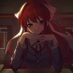 Rule 34 | 1girl, breasts, brown hair, brown vest, chinese commentary, closed mouth, collared shirt, commentary request, doki doki literature club, film grain, gao tongren wanjiebufu, green eyes, grey jacket, hair ribbon, highres, indoors, jacket, long hair, long sleeves, looking at viewer, monika (doki doki literature club), neck ribbon, own hands together, red ribbon, ribbon, shirt, small breasts, smile, solo, vest, white ribbon, white shirt