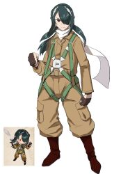 Rule 34 | 1girl, baggy pants, boots, boushi-ya, brown footwear, brown gloves, brown jacket, brown pants, clenched hands, empty eyes, fairy (kancolle), fingerless gloves, full body, gloves, green hair, hair over one eye, jacket, kantai collection, pants, pilot, red eyes, reference inset, scarf, simple background, white background, white scarf