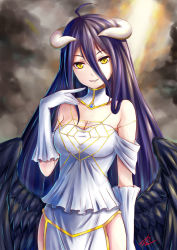 Rule 34 | 1girl, ahoge, albedo (overlord), black hair, breasts, choker, cleavage, cowboy shot, gloves, hair between eyes, horns, index finger raised, kelinch1, long hair, looking at viewer, medium breasts, overlord (maruyama), parted lips, signature, smile, solo, standing, striped, very long hair, white gloves, yellow eyes