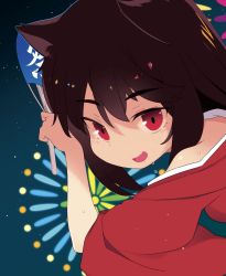 Rule 34 | 1girl, :d, animal ears, bad id, bad twitter id, bare shoulders, blue sky, brown hair, commentary request, copyright request, fang, fireworks, hand fan, highres, japanese clothes, kimono, long hair, long sleeves, looking at viewer, night, night sky, open mouth, paper fan, red eyes, red kimono, saryuu (iriomote), sky, smile, solo, star (sky), starry sky, sweat, uchiwa, wide sleeves, wolf ears