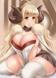 Rule 34 | ahoge, anila (granblue fantasy), blonde hair, breasts, brown eyes, cape, cleavage, collar, curvy, draph, fur trim, granblue fantasy, horns, huge breasts, kneeling, long hair, looking at viewer, on bed, pleated skirt, plump, sheep horns, skindentation, skirt, smile, solo, suzuki sakura, thick eyebrows, thick thighs, thighhighs, thighs, very long hair, wavy hair