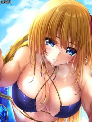 Rule 34 | 1girl, backlighting, bikini, blonde hair, blue eyes, blue sky, blush, breasts, breath, character request, cleavage, cloud, dairoku ryouhei, day, dripping, hair ribbon, large breasts, long bangs, long hair, looking at viewer, mini dang01, outdoors, outstretched arms, parted lips, red ribbon, ribbon, sky, smile, sweat, swimsuit, wet, wet hair