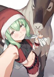 Rule 34 | 1boy, black tank top, cropped arms, cropped legs, green hair, hat, highres, jewelry, looking at viewer, muchi maro, navel, necklace, open clothes, open vest, orange eyes, otori-tan, red skirt, red vest, reindeer, santa costume, santa hat, seitokai nimo anawa aru!, skirt, snow, tank top, trap, vest