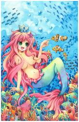 Rule 34 | 1girl, :&lt;, :3, :d, breasts, bubble, clownfish, completely nude, coral, crown, emperpep, finger to another&#039;s mouth, fish, hair censor, hair over breasts, large breasts, long hair, mermaid, monster girl, navel, nude, open mouth, original, pink hair, shiny skin, smile, solo, underwater