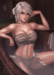 Rule 34 | 1girl, bath, bathing, bathtub, breasts, chest sarashi, ciri, eollynart, green eyes, highres, large breasts, looking at viewer, navel, sarashi, scar, strapless, tattoo, the witcher (series), the witcher 3, tube top, white hair, wrapping