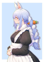 Rule 34 | 1girl, alternate costume, animal ear fluff, animal ears, apron, blue background, blue hair, border, bow, braid, carrot hair ornament, don-chan (usada pekora), enmaided, facing to the side, food-themed hair ornament, from side, hair bow, hair ornament, highres, hololive, juliet sleeves, long sleeves, looking to the side, maid, maid apron, mikan (chipstar182), multicolored hair, own hands together, puffy sleeves, rabbit ears, sidelocks, simple background, single braid, solo, two-tone hair, usada pekora, virtual youtuber, white bow, white hair