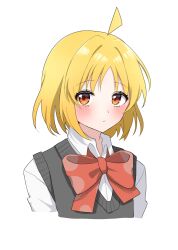 Rule 34 | 1girl, ahoge, alternate hair length, alternate hairstyle, blonde hair, blush, bocchi the rock!, bow, bowtie, closed mouth, collared shirt, commentary, cropped torso, grey sweater vest, highres, ijichi nijika, looking at viewer, maririmochi, orange eyes, red bow, red bowtie, shirt, short hair, simple background, solo, sweater vest, white background, white shirt