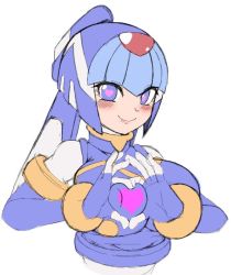 Rule 34 | 1girl, alternate breast size, android, blue eyes, blush, bracelet, breasts, capcom, cropped torso, female focus, hand gesture, heart, heart-shaped pupils, heart hands, helmet, inti creates, jewelry, large breasts, fairy leviathan (mega man), looking at viewer, mega man (series), mega man zero (series), semikichi, simple background, sketch, smile, solo, symbol-shaped pupils, upper body, white background