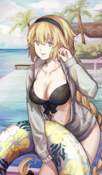 Rule 34 | 1girl, :d, absurdres, bikini, black bikini, black hairband, blonde hair, blue eyes, blue jacket, blue sky, breasts, chili-chip, cleavage, cloud, collarbone, cowboy shot, day, fate/grand order, fate (series), hair between eyes, hairband, hand up, highres, holding, innertube, jacket, jeanne d&#039;arc (fate), jeanne d&#039;arc (swimsuit archer) (first ascension) (fate), large breasts, long braid, long hair, long sleeves, looking at viewer, navel, official alternate costume, open clothes, open jacket, open mouth, outdoors, palm tree, sky, smile, solo, standing, stomach, swim ring, swimsuit, tree, very long hair