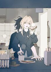 Rule 34 | 1boy, 1girl, alternate universe, black shirt, bread, bread slice, coffee, coffee mug, collared shirt, contemporary, couple, cup, food, genshin impact, hand on table, hand under clothes, hand under shirt, hetero, hickey, highres, holding, holding food, indoors, kitchen, lumine (genshin impact), mug, n.s.egg, open mouth, shirt, steam, sweatdrop, t-shirt, toast, xiao (genshin impact)