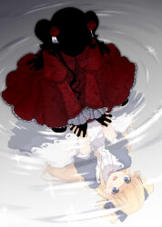 Rule 34 | 2girls, absurdres, blonde hair, blue eyes, different reflection, dress, emilico (shadows house), flower, frilled sleeves, frills, hair flower, hair ornament, highres, interlocked fingers, juliet sleeves, kate (shadows house), kneeling, long hair, long sleeves, multiple girls, nana mikoto, open mouth, puffy sleeves, reflection, ripples, rose, shadow (shadows house), shadows house, smile, two side up, water