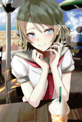 Rule 34 | 1girl, blue eyes, blush, breasts, brown hair, chair, commentary request, day, drinking straw, hair between eyes, highres, ka1se1, looking at viewer, love live!, love live! school idol project, love live! sunshine!!, medium breasts, necktie, outdoors, red neckwear, school uniform, short hair, short sleeves, smile, solo focus, table, watanabe you, wooden table