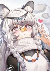 Rule 34 | 1girl, :&lt;, absurdres, animal ear fluff, animal ears, arknights, bead necklace, beads, bell, blush, braid, breasts, bug, butterfly, butterfly on nose, closed mouth, dress, grey background, grey eyes, hair between eyes, hand up, head chain, heart, highres, insect, jewelry, leopard ears, leopard girl, leopard tail, long hair, medium breasts, mei jiang jiang, necklace, pramanix (arknights), side braids, silver hair, snow leopard, solo, tail, turtleneck, turtleneck dress, twin braids, upper body, wavy hair