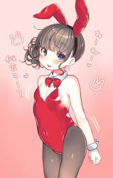 Rule 34 | 1girl, animal ears, bare shoulders, blue eyes, blush, breasts, brown hair, dancho (dancyo), fake animal ears, flat chest, gradient background, heart, heart-shaped pupils, highres, leotard, looking at viewer, navel, original, pantyhose, playboy bunny, rabbit ears, small breasts, solo, symbol-shaped pupils