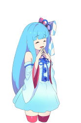 Rule 34 | 1girl, ^ ^, ^o^, bare shoulders, blue hair, blunt bangs, bow, breasts, closed eyes, detached sleeves, dress, enkyo yuuichirou, fingers together, hair bow, highres, kotonoha aoi, long hair, red thighhighs, sidelocks, simple background, small breasts, solo, thighhighs, voiceroid, white background