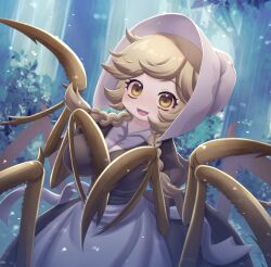 Rule 34 | 1girl, apron, arthropod girl, black dress, blonde hair, bonnet, braid, breasts, cliffside, cordie (cliffside), dress, extra arms, forest, highres, insect girl, large breasts, leaf, long hair, looking at viewer, nature, open mouth, outdoors, pincers, plant, racal ra, shadow, sharp teeth, smile, solo, spider girl, teeth, tree, twin braids, upper body, white apron, white headwear, yellow eyes