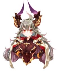Rule 34 | 1girl, black gloves, blush, breasts, cleavage, closed mouth, gloves, granblue fantasy, grey hair, hair between eyes, hands on own hips, highres, horns, kaerunoko, large breasts, long hair, looking at viewer, red eyes, simple background, smile, solo, threo (granblue fantasy), white background