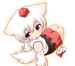 Rule 34 | 1girl, animal ears, blush, detached sleeves, female focus, geta, gradient background, hat, heart, highres, inubashiri momiji, natsu no koucha, red eyes, short hair, sitting, solo, tail, tail wagging, tokin hat, touhou, white background, white hair, wolf ears, wolf tail