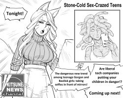 Rule 34 | 2girls, absurdres, animal ears, bb (baalbuddy), breasts, cellphone, cleavage, commentary, drill hair, english commentary, english text, facial mark, fox ears, fox news, fox tail, greyscale, highres, holding, holding phone, large breasts, long hair, looking at viewer, medusa (mythology), monochrome, multiple girls, news, open mouth, original, petrification, phone, reporter, ribbed sweater, simple background, skirt, smartphone, snake hair, sweater, tail, whisker markings, white background